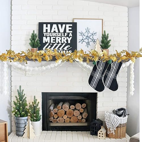 Miniatura 5 de Lvydec Guirnalda de bayas artificiales para decoración navideña, guirnalda dorada de 6 pies con bayas con purpurina y hojas de acebo para decoración