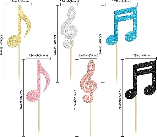Miniatura 2 de Gyufise 24 piezas de notas musicales para cupcakes, símbolos musicales con purpurina, para música rock, concierto, tema, baby shower, boda, fiesta