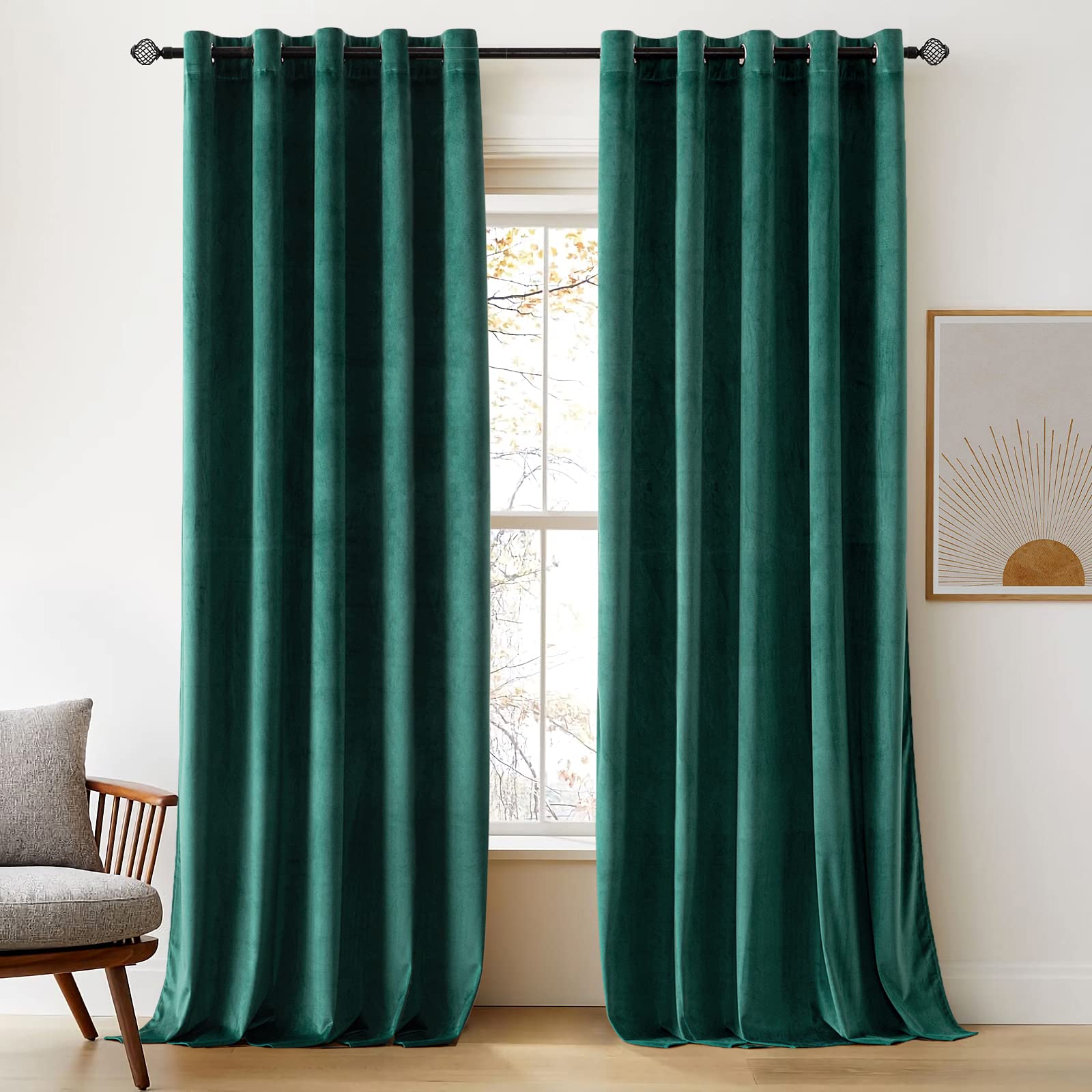 Woaboy Velvet Curtains 90 Drop Dark Green Curtain for Living Room Thermal Blackout for Bedroom Luxury Eyelet Drapes Soft Window Treatment Insulated Soundproof & Room Darkening W 66 x L 90 2 Panels
