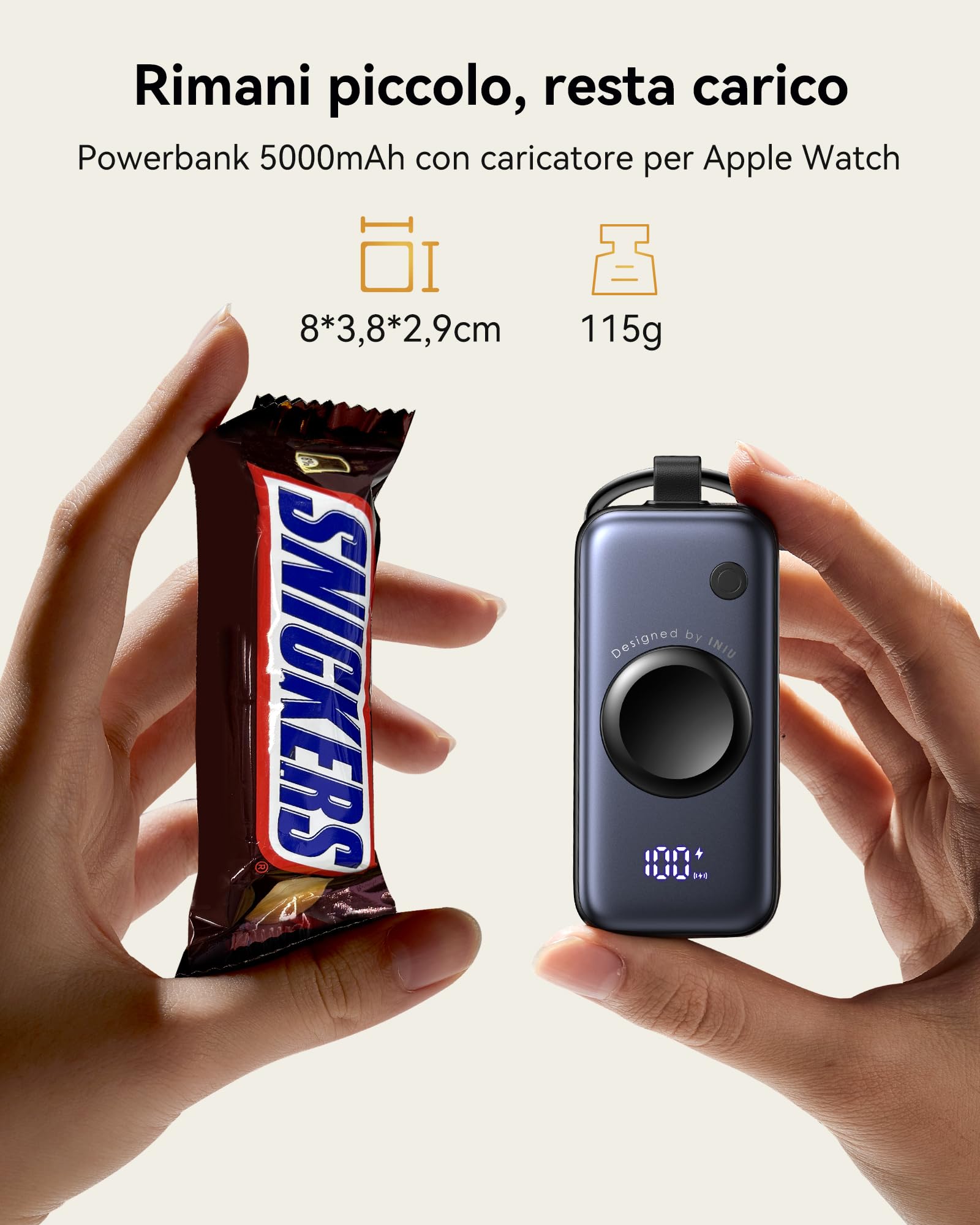 INIU Power bank, Stazione di ricarica per Apple Watch, 5000mAh 20W Powerbank per smartwatch, Caricatore Portatile con Cavo USB-C Integrato, Powerbank per Apple Watch, iPhone 17 16 15, Samsung, Xiaomi