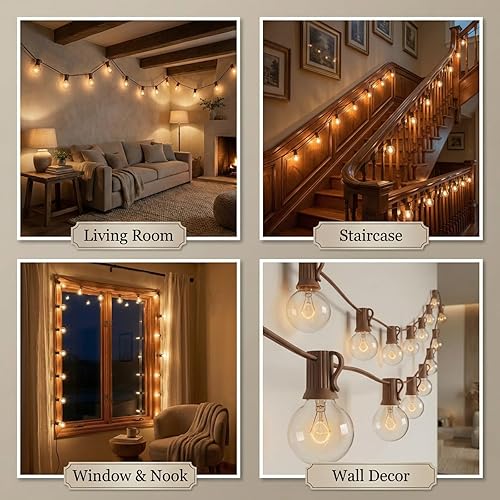 Miniatura 7 de Tira de luces para exteriores de 50 pies, 53 bombillas de globo G40 de vidrio, iluminación de patio conectable de cable marrón, decoración