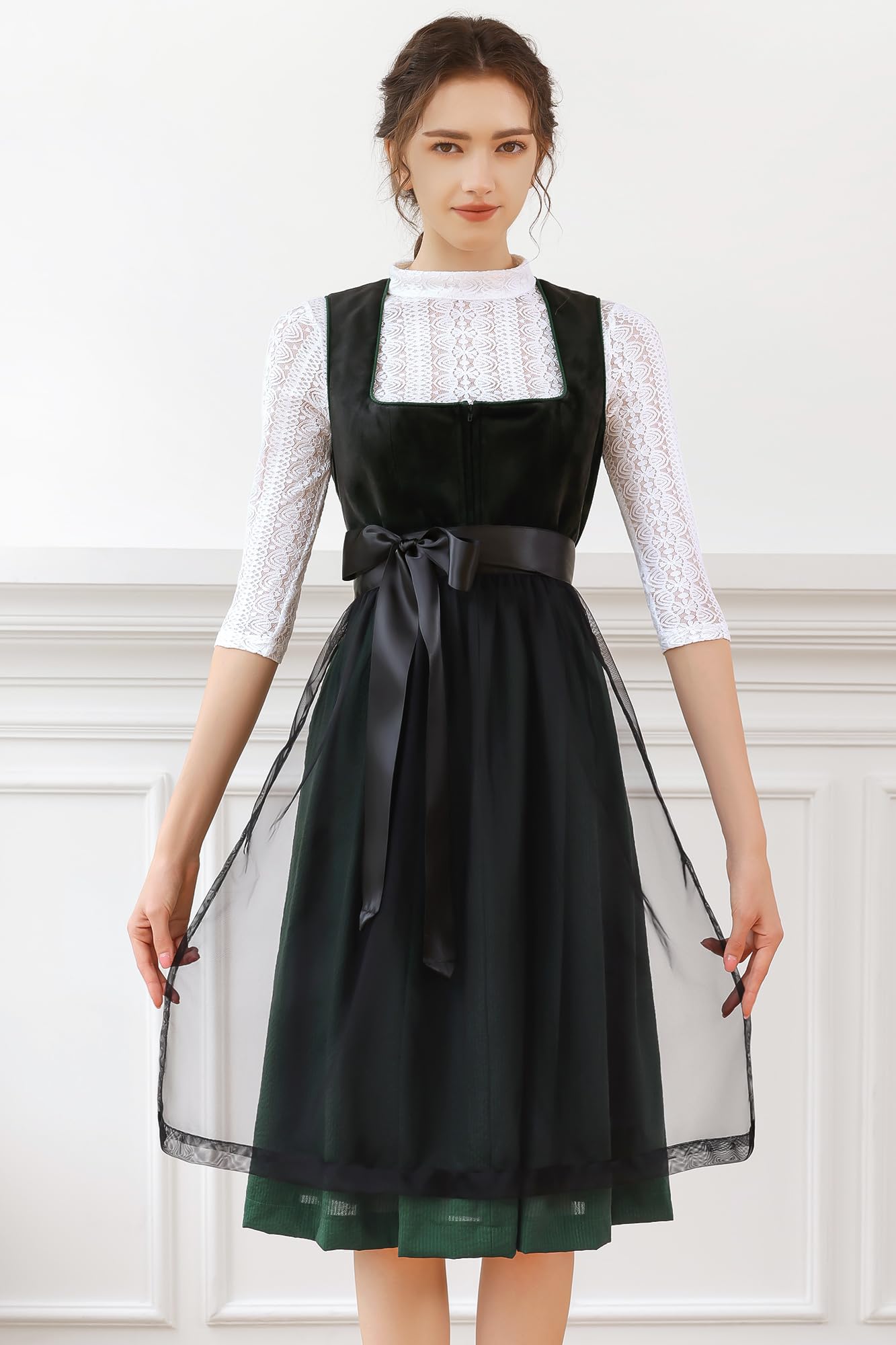 EIISSION Dirndl Damski Oktoberfest Kostium Oktoberfest Kostium Kostium Damski Czarny Tradycyjna Sukienka midi Trachten Sukienka 3 Pieces Bluzka Fartuch