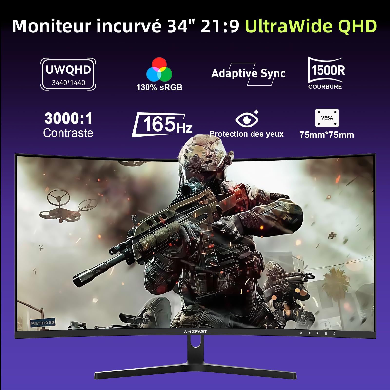 Amzfast Ecran PC Gaming 34 Pouces 165Hz/UWQHD Moniteur Incurvé 3440x1440, 21:9, 1ms MPRT, Adaptive Sync, 1500R, sRGB 130%, Eyes-Care, HDR, PIP/PBP, HDMI 2.0x2, DP 1.4x2, AMZG34C5Q