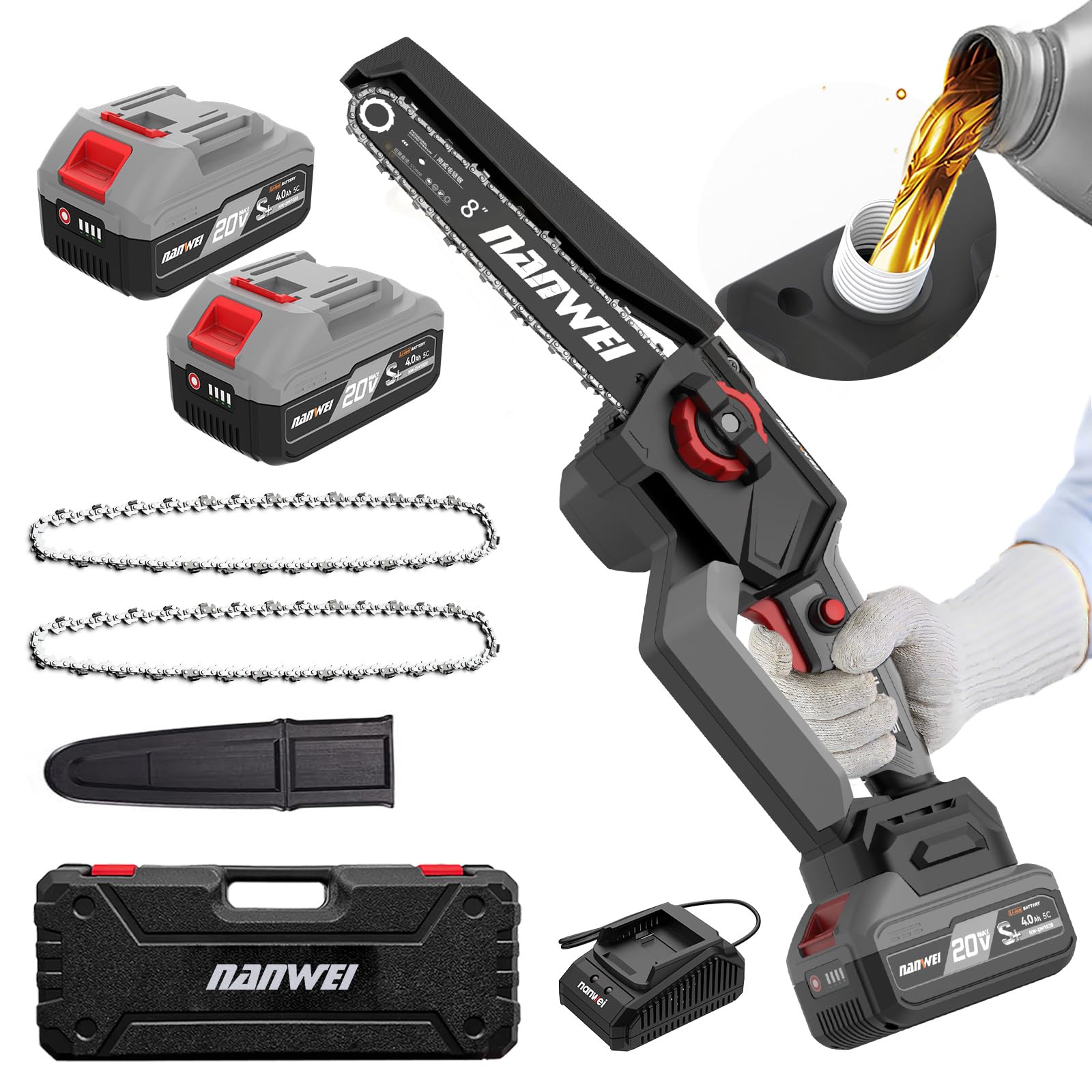 NANWEI 8 Inch Cordless Chainsaw for Tree Trimming &amp; Wood Cutting, Lightweight Handheld Mini Chain Saw with 2 x 4.0Ah Batteries, Brushless Motor for Long Runtime &amp; Low Noise