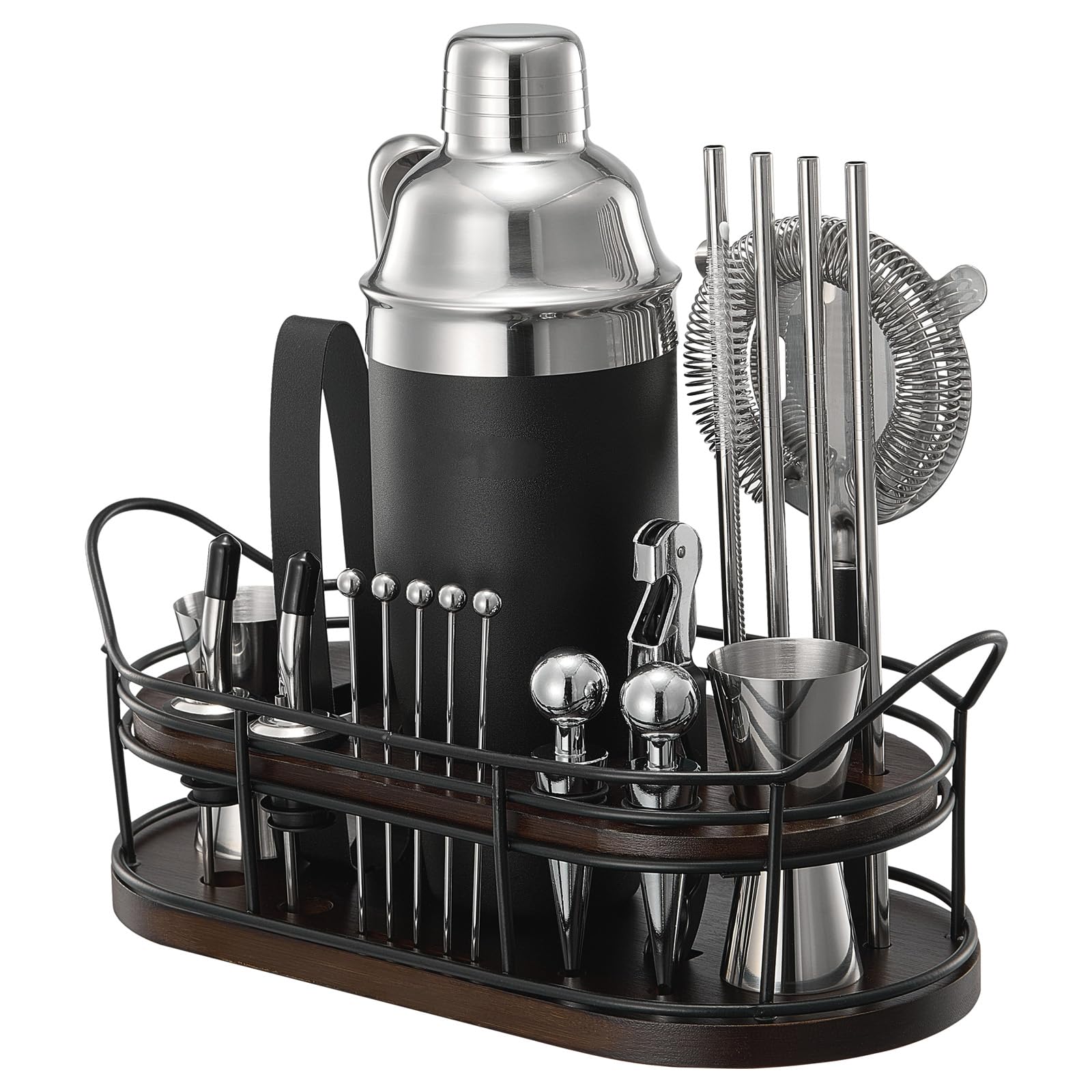 Happybuy 23 - Piece Cocktail Shaker Set: A Stainless Steel Masterpiece. This Martini Bartender kit, with its Bamboo Stand, Includes an extensive Collection of Tools Like Mixer Spoons, muddlers.
