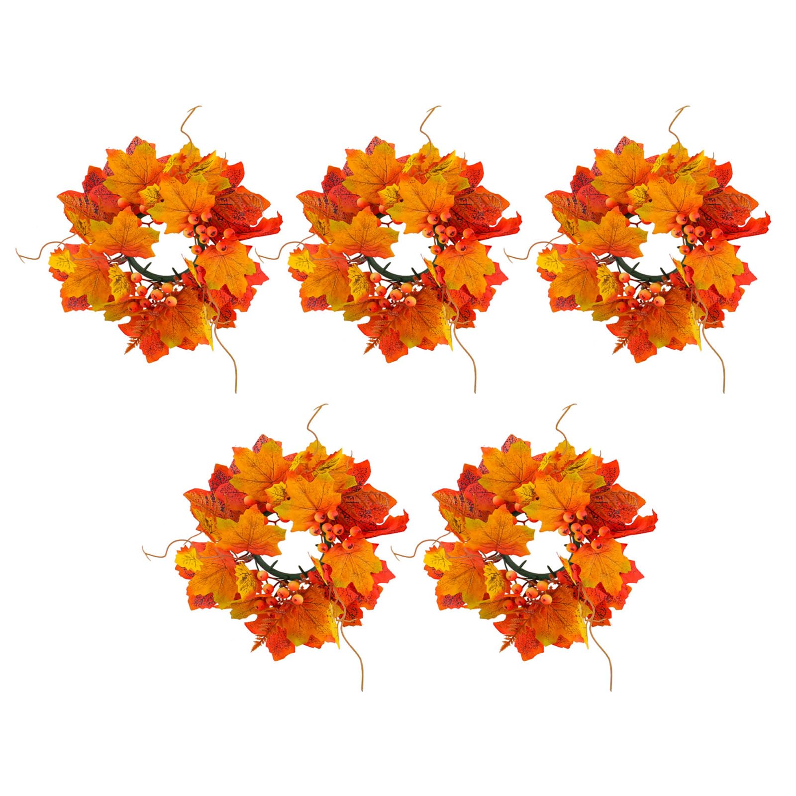 Tsophreniq 5Pcs Halloween Thanksgiving Artificial Leaves Holders Rings Wreath with Berries Table Centerpieces Party Decors Artificial Wreath Set