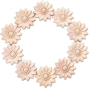 10PCS Unfinished Wood Cute Onlay Appliques Decoration Dia-5cm/1.97", Unpainted Round Flower Carving Craft Decals for Home Chests Cabinet Cupboard Dresser Bed Wall Wardrobe Furniture