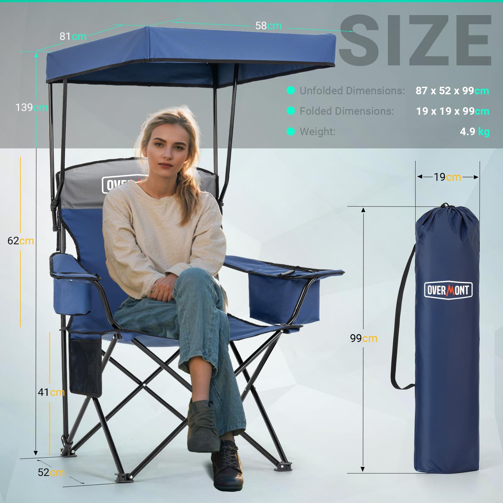 OVERMONT Sedia da Campeggio Pieghevole con Baldacchino - Sedia Portatile con portabicchieri e Borsa per il Trasporto - per Spiaggia Campeggio Viaggi - Fino a 150 kg (Grigio Blu)