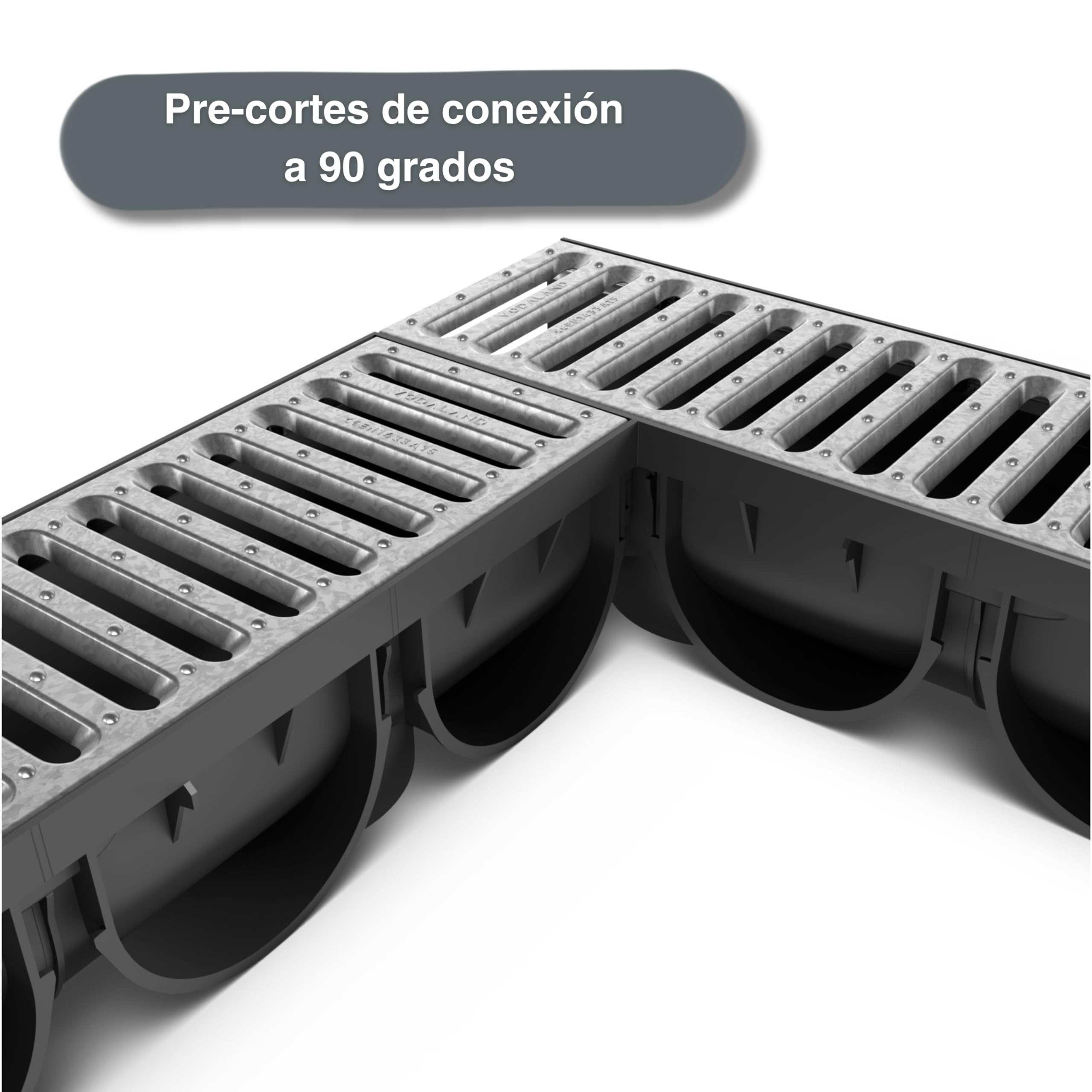 Canaletas de Desagüe Easy 3 con Rejilla de Acero - Kit de 3 Metros para Drenaje de Jardín, Aguas Pluviales y Terraza - Canaletas Galvanizadas VODALAND para Recoger Agua de Forma Eficaz y Oculta