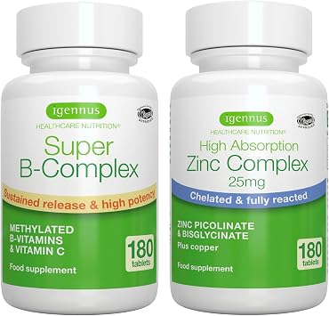 Super B-Complex + Zinc Complex Vegan Bundle, Methylated Sustained Release B Complex + 25mg Chelated Zinc Picolinate & Bisglycinate with Copper, by Igennus