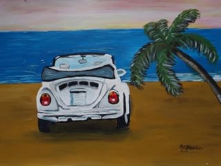 ART.COM Wall Art Print The VW Bug Series - The White Volkswagen Bug at the Beach by Martina Bleichner, 24" x 18"