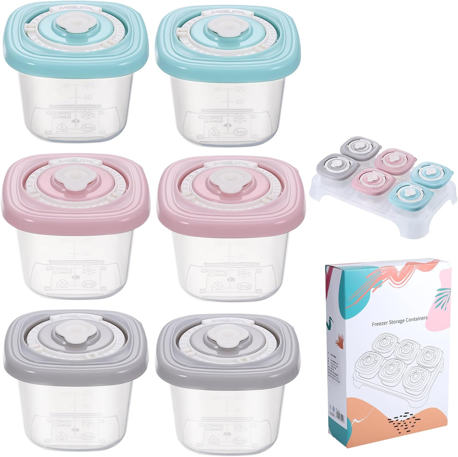 Fentar 6pcs Baby Food Storage Containers, Baby Weaning Pots with Date Marker, Leakproof Toddler Snack Pot with Sealing Ring, Baby Food Pots, Cute Weaning Pots with Storage Tray Freezer/Microwave Safe