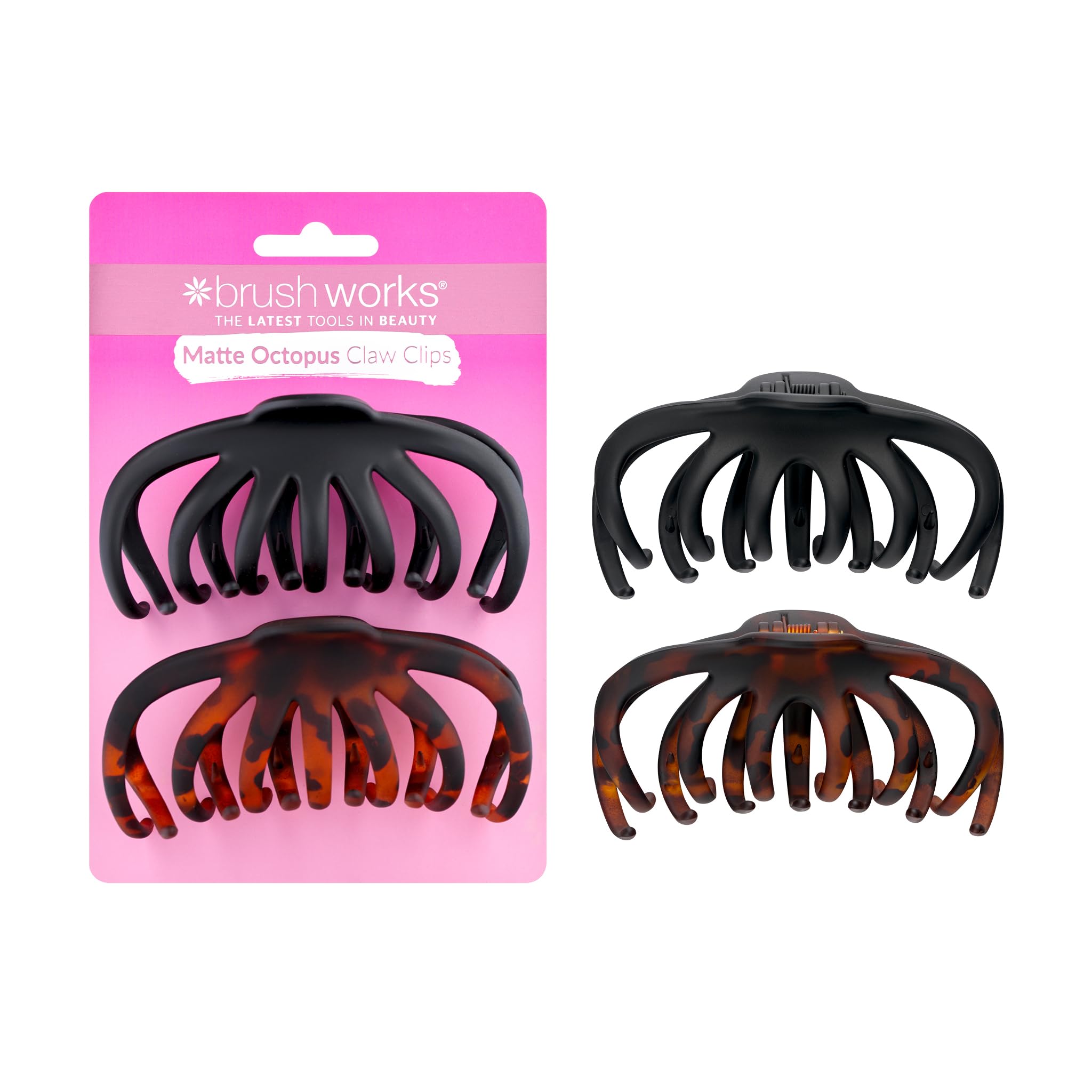 Brushworks Matte Octopus Claw Clips (2 Pack) - Black & Tortoiseshell Hair Clips with Strong Grip for Thick Hair, Updos & Half-Up Styles, Elegant & Everyday Styling