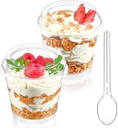 TOFLEN Paquete de 50 tazas de postre de 6 onzas con tapas y cucharas, tazas redondas para servir fiestas para parfait, aperitivos, cócteles,