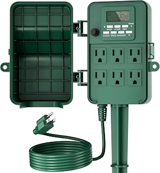 BN-LINK Outdoor Power Stake Timer, Programmable Digital Timer, 6 Outlets