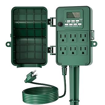 BN-LINK Outdoor Power Stake, 7-Day Programmable Digital Timer, 6 Outlets, 6FT Extension Cord, Waterproof Perfect for Christmas, Halloween, Garden Decorations, ETL Listed