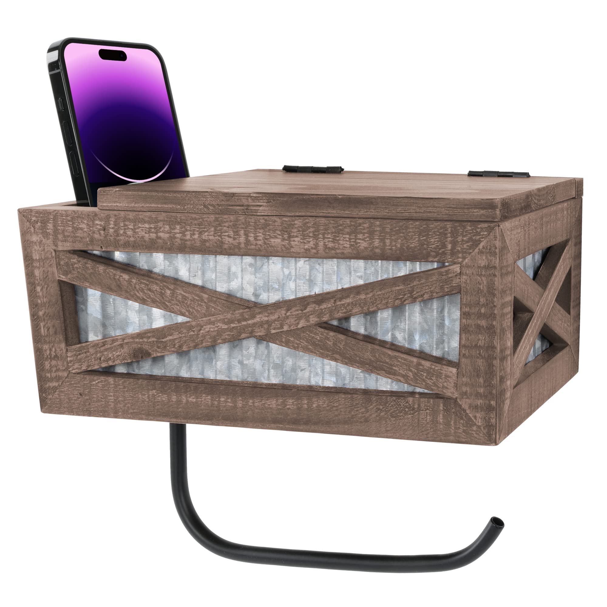 Autumn Alley Farmhouse Toilet Paper Holder with Lid - Rustic Toilet Paper Holder, 2 Compartments, Farmhouse Bathroom Country Decor - Wood, Galvanized & Black Metal - Adds Rustic Charm, Brown