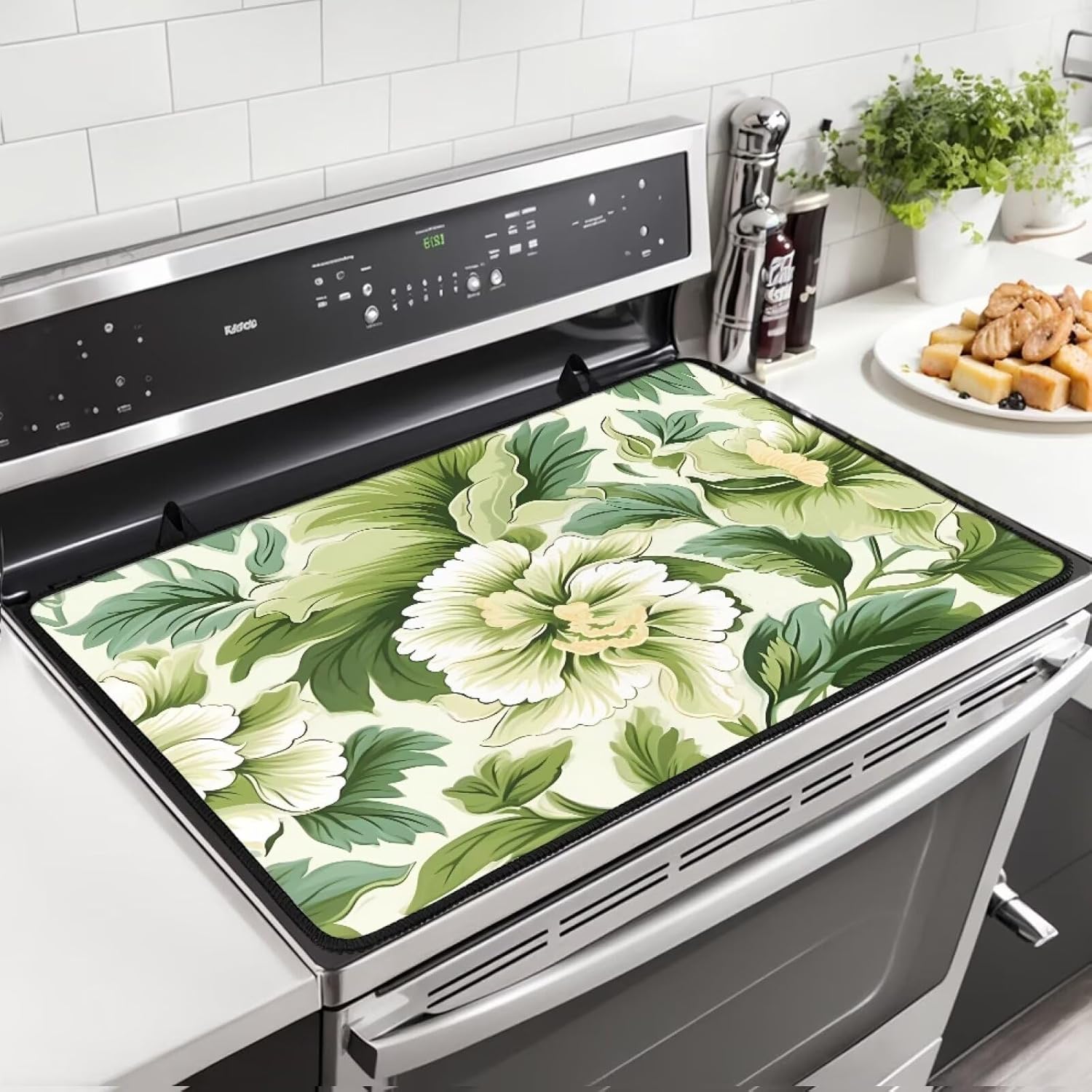 Glass Cooktop Protector, Green Jasmine Leaf Print Flat Top Stove Cover, Insulated, Waterproof, Anti-Slip, Scratch-Resistant and Easy to Clean Range Covers for Electric Stove (29"x21")