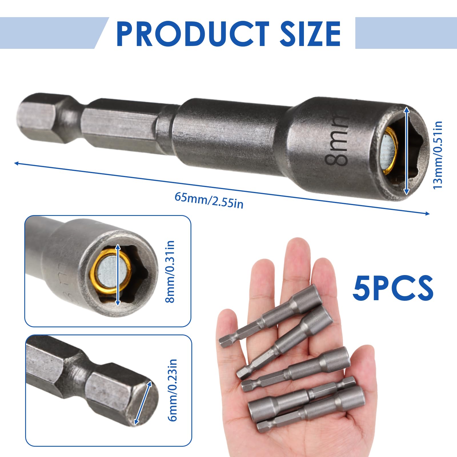 5Pcs 1/4" Hex Shank 8mm x 65mm Magnetic Nut Setter Driver Drill Bit Set - Image 2