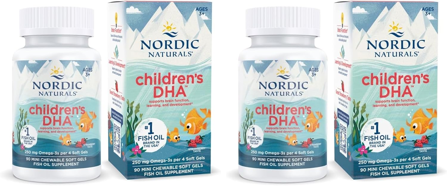 Nordic Naturals Children’s DHA, Strawberry - 90 Mini Chewable Soft Gels for Kids - 250 mg Omega-3 with EPA & DHA - Brain Development & Function - Non-GMO - 22 Servings (Pack of 2)