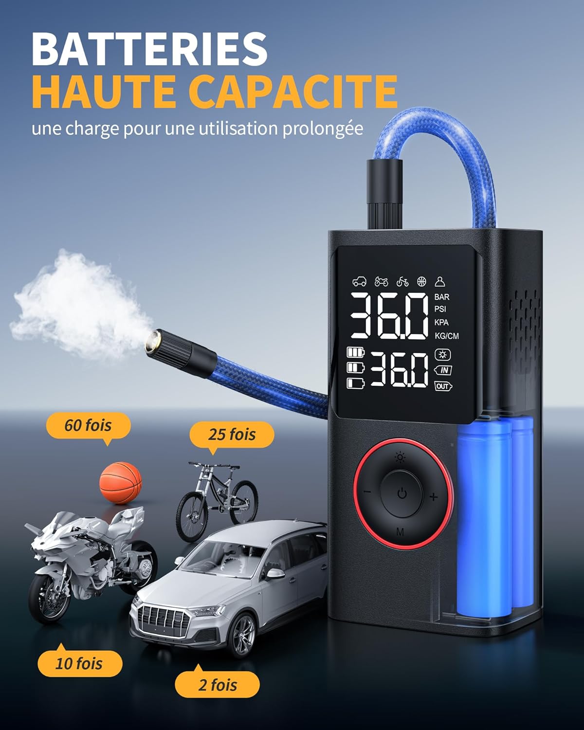 Détails techniques : Gonfleur Pneus Voiture Sans Fil 150 PSI – La Solution Ultime pour Vos Ballons et Ballons de Sport en {{year}}