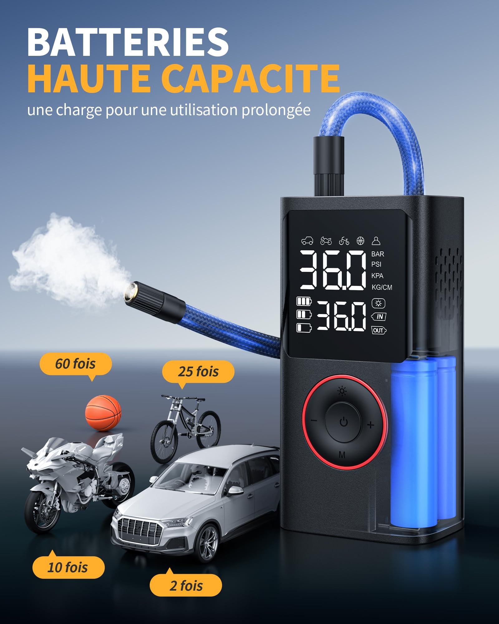 Powools Gonfleur Pneus Voiture Sans Fil – Compresseur à Air Portatif 150 PSI avec Arrêt Automatique & Lumière LED, Pompe à Vélo Électrique pour Voiture, Moto, Vélo, Ballon, 8.90 X 4.75 X 13.79 CM