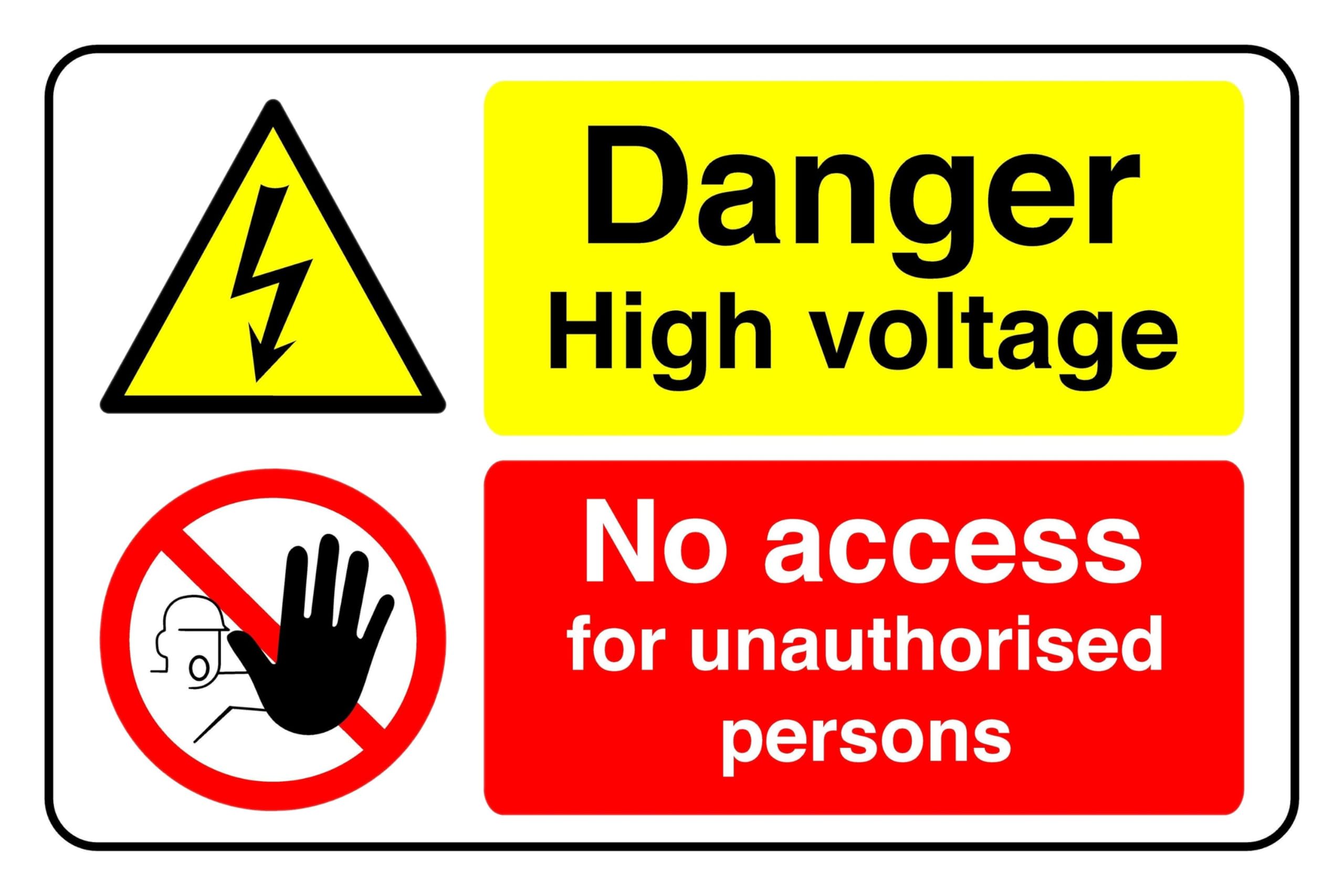 Danger High Voltage No Access For Unauthorised Persons - safety sign - 1.2mm Rigid plastic for indoor/outdoor usage (300mm x 200mm) Viewing Distance within 7m.