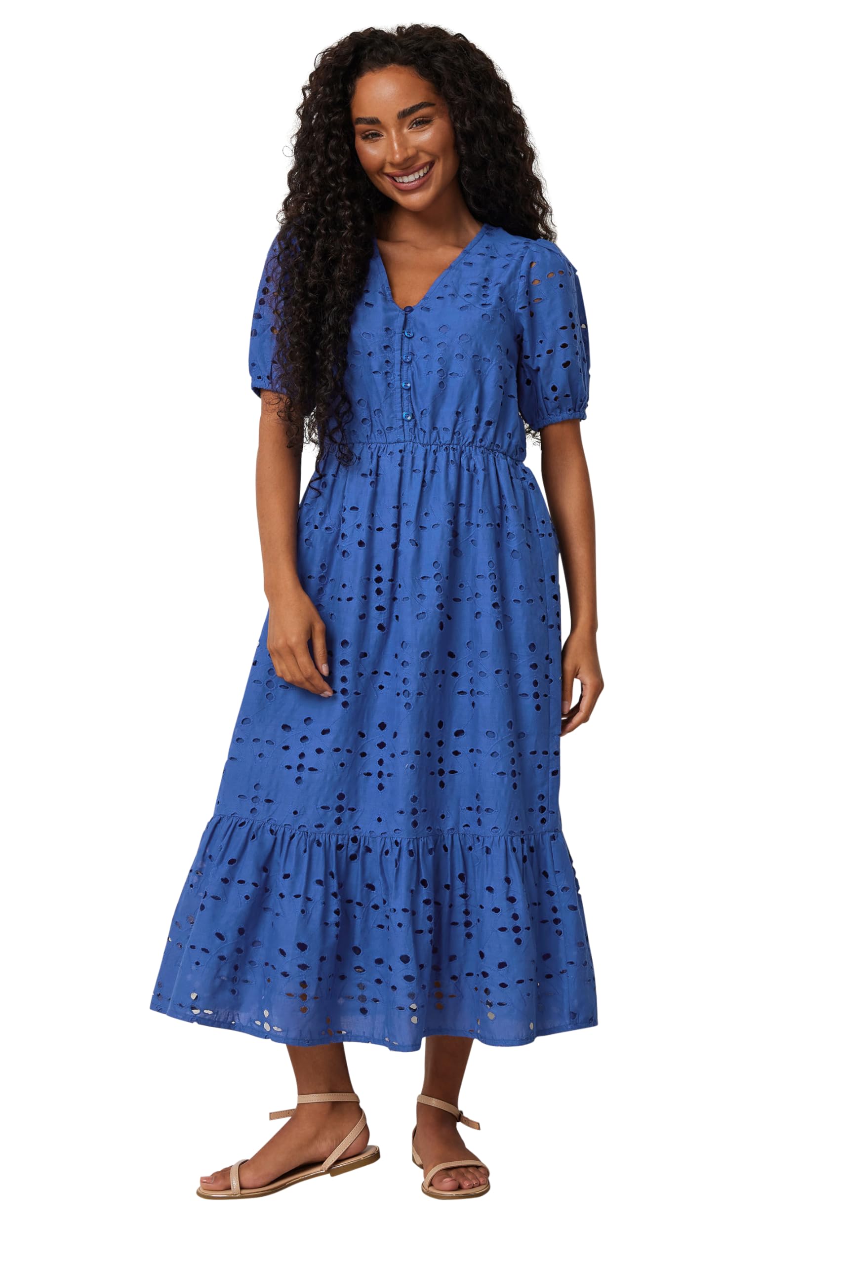 M&Co Women's Blue Petites Petite Cotton Broderie Tiered Dress Size 12