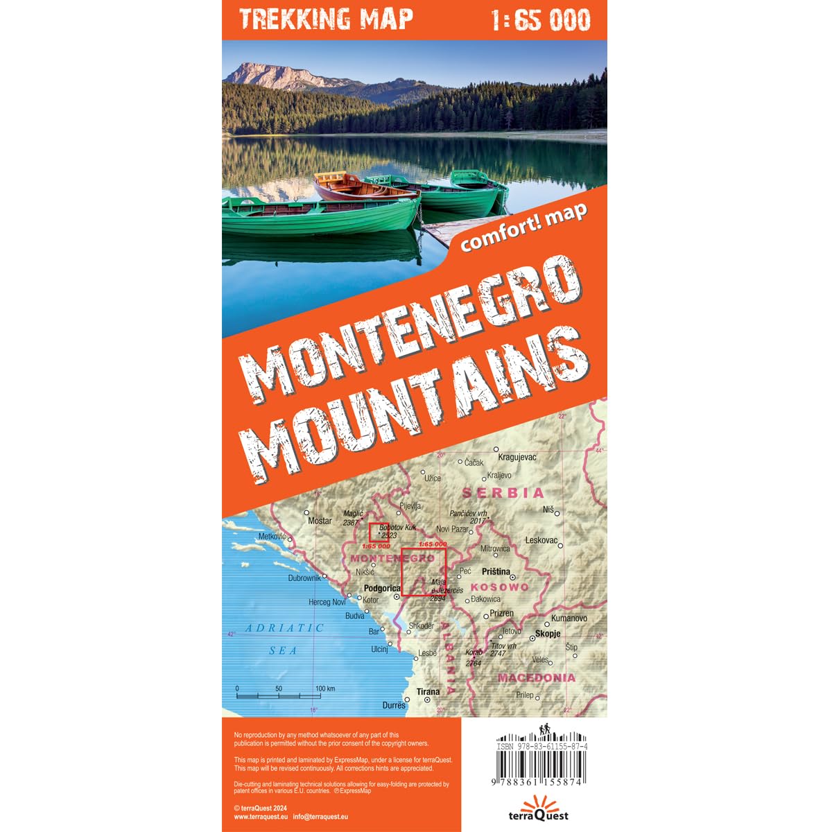 Montagnes du Monténégro. Durmitor, Bjelasica, Prokletije, Komovi 1/65.000 (carte grand format laminée; trekking tQ). Montenegro Mountains