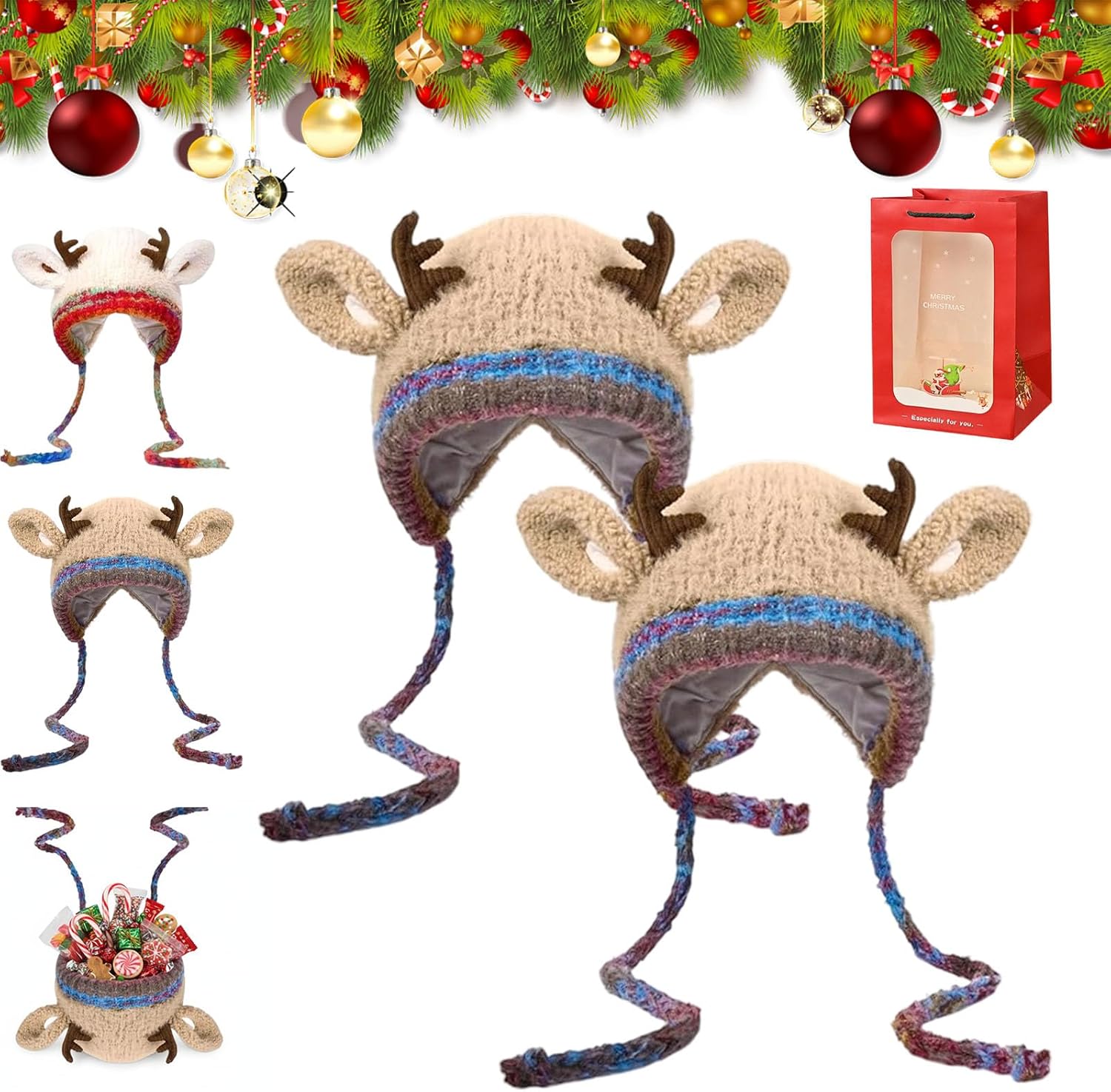 Festive Christmas Antler Hat, Deer Storage Hat, Windproof Foldable Knitted Reindeer Beanie Cap, Idea for Gift