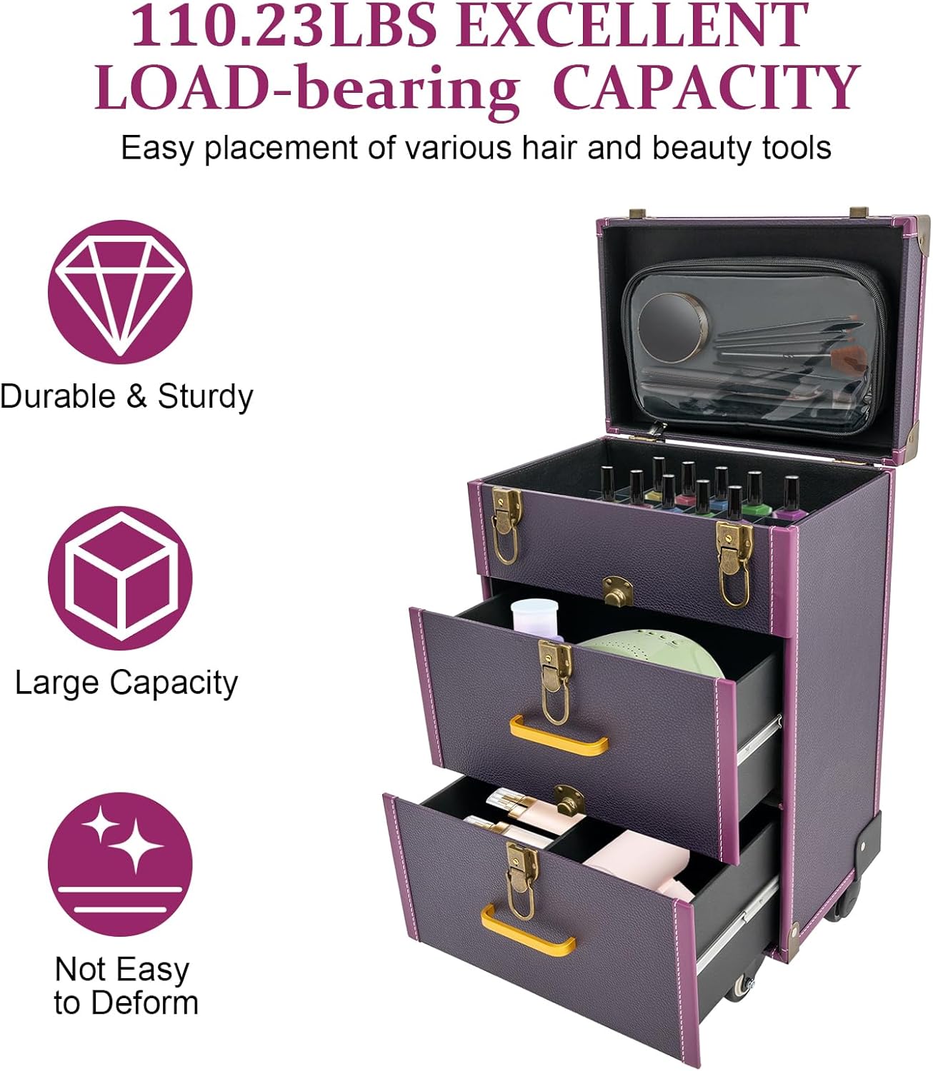 Rolling Makeup Case Cosmetic Train Case Trolley Storage Polish Organizer Purple