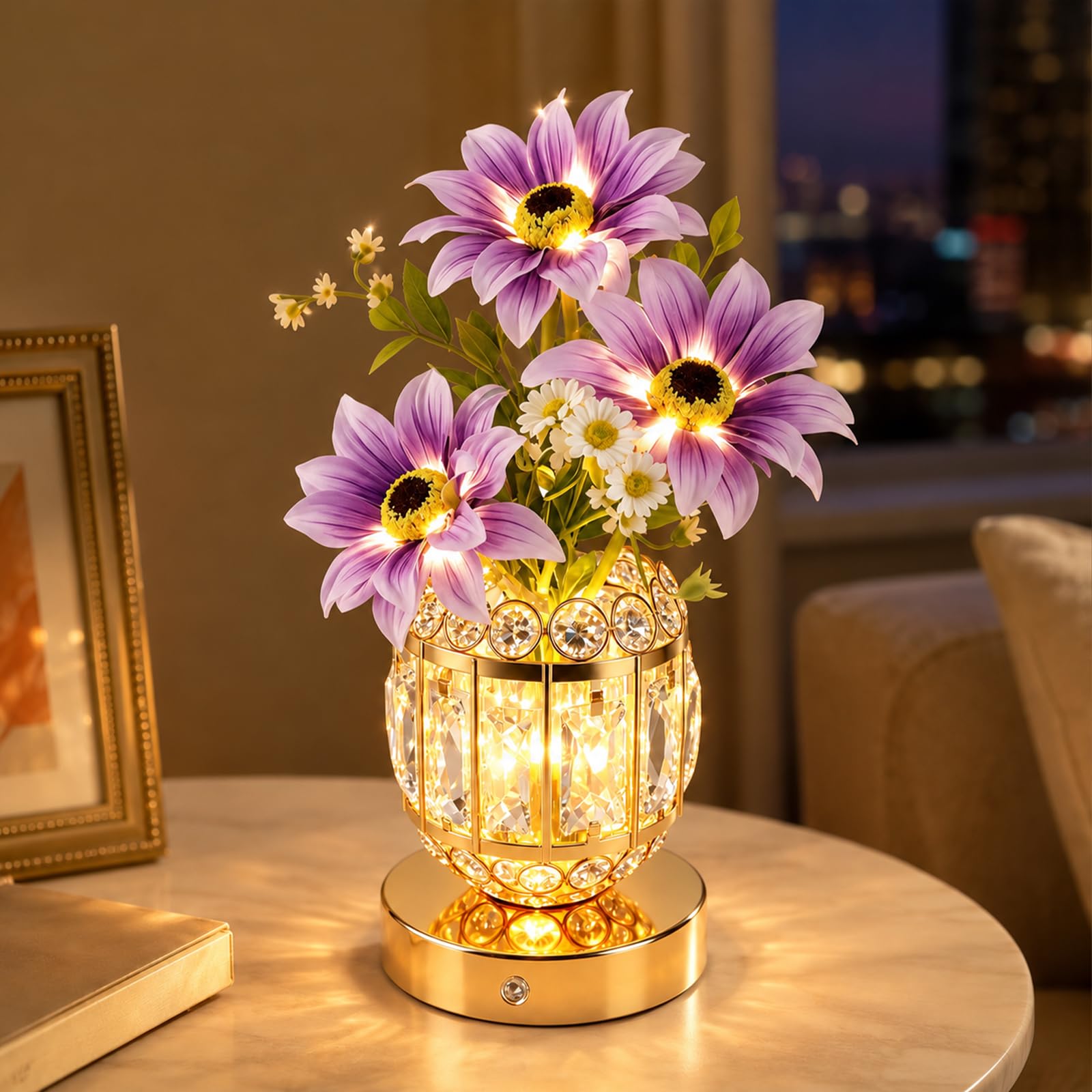Lily Flower Lamps, Rechargeable Cordless Small Desk Lamp, 3 Colors Dimmable Artificial Flowers Night Light, Fake Bouquet with Crystal Vase for Home Date Party Decoration (Purple - Sunflower 3)