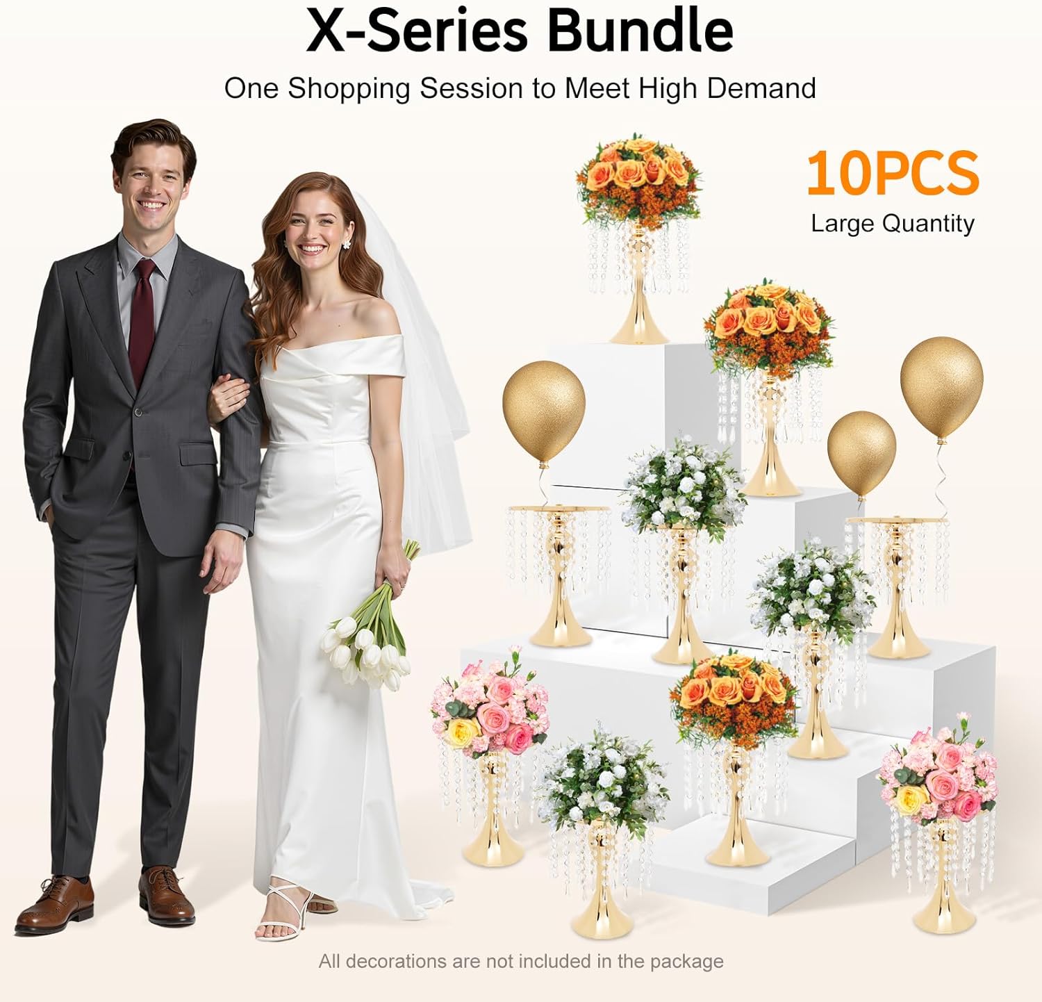 10pcs Vases Wedding Centerpieces Crystal Road Lead Metal Flower Arrangement Stand Flower Vase Holders with Crystal Beads Acrylic Vase Stands for Tables Decorations Party, 10.2inch (Gold-3)