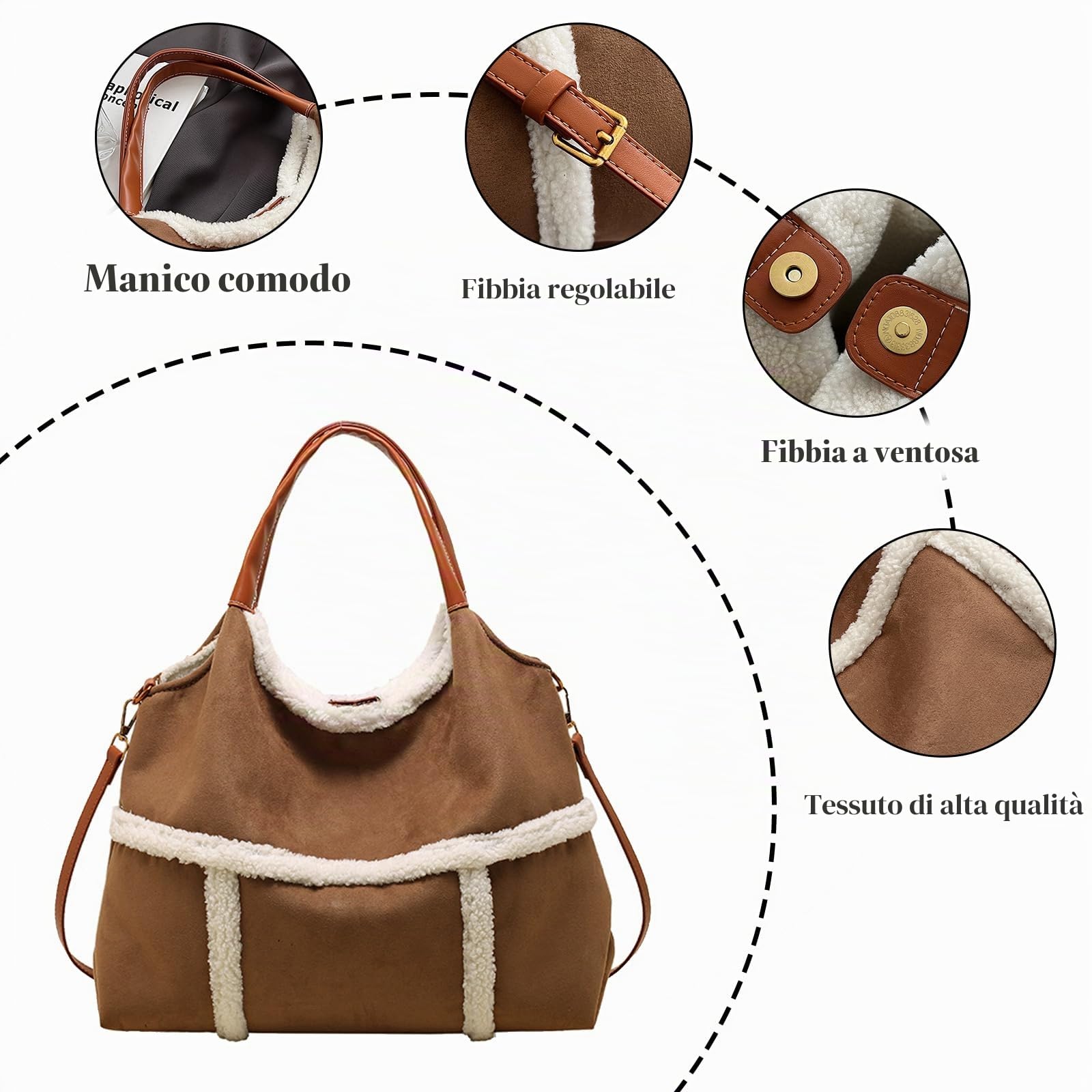 CORIOS Borsa a Mano in Lana di Agnello da Donna, Spalla in Pelle Scamosciata Grande, Tracolla Morbido Peluche, Tote Retro Messenger 2 Pezzi Marrone