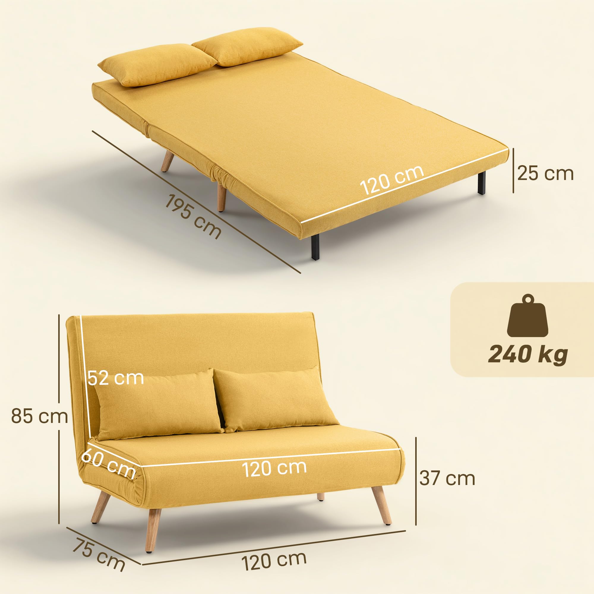 HOMCOM Sofá Cama de 2 Plazas Plegable 3 en 1, Sofá Cama, Tapizado en Lino, con Respaldo Ajustable 5 Posiciones, 2 Almohadas, para Dormitorio, Salón, Amarillo