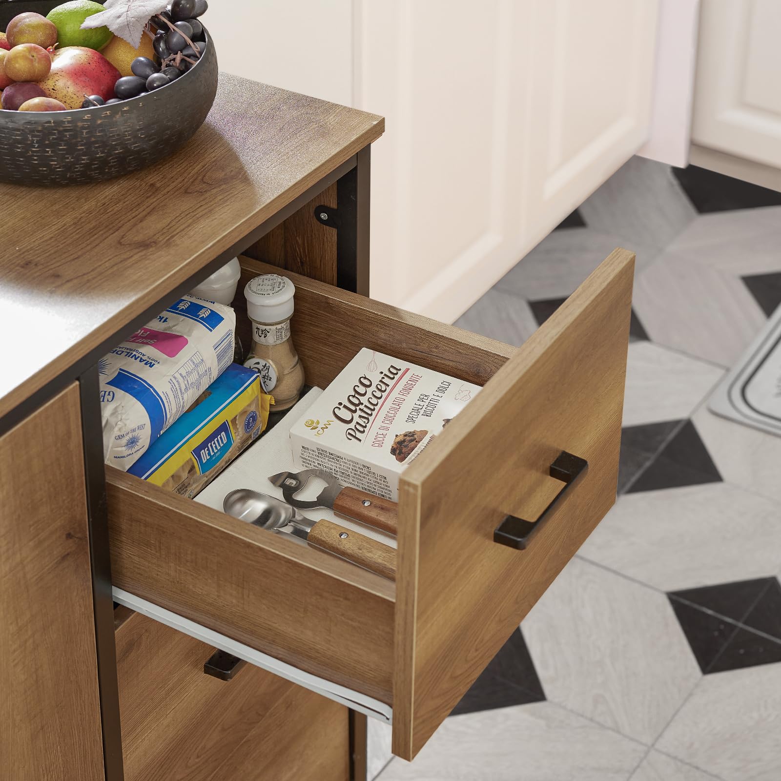SoBuy KNL02-PF Design Küchenwagen mit Arbeitsplatte Kücheninsel mit Türen und Schubladen Küchenschrank Rollwagen Sideboard auf Rollen Küchentrolley Vintage braun BHT ca.: 113x106x69cm