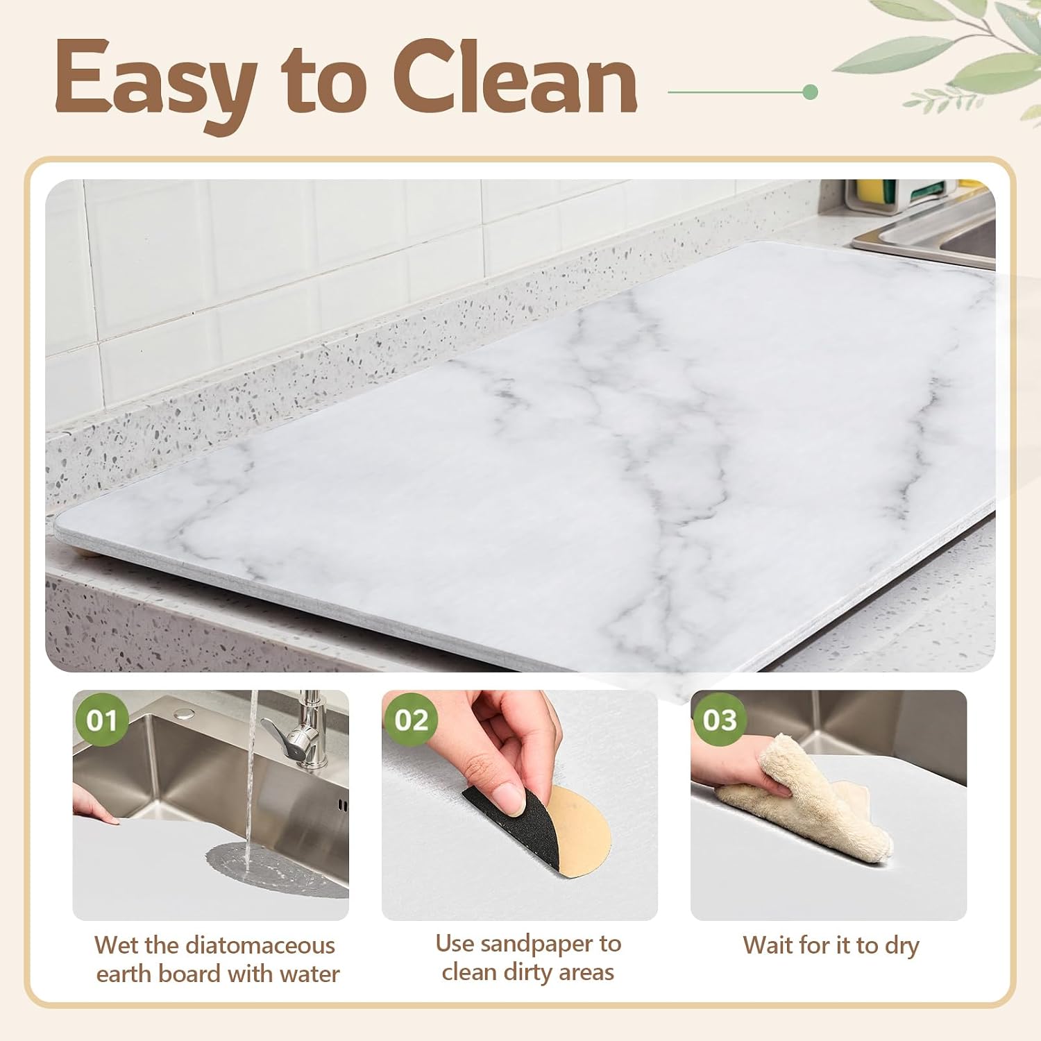 32" x 18" Extra Large Stone Dish Drying Mat for Kitchen, White Marble