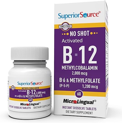 Superior Source No Shot Vitamina B12 Metilcobalamina (2000 mcg), metilfolato, B6 (P-5-P), microlingüe de disolución rápida, 60 unidades, salud