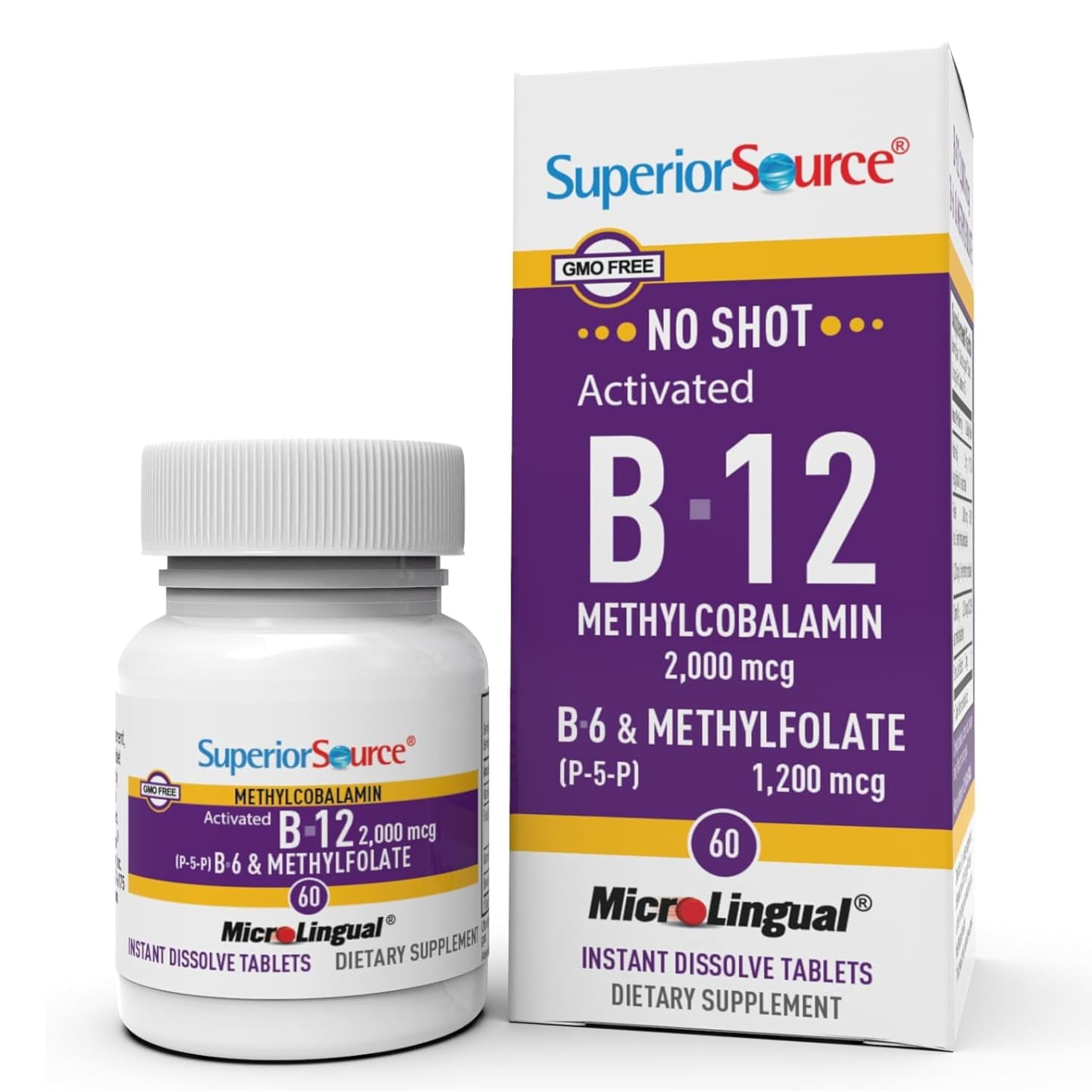 No Shot Vitamin B-12 Methylcobalamin 2000 mcg, B-6, & Methylfolate 1200 mcg - Supports Energy, Brain, and Heart Health - Bariatric Friendly - 60 Sublingual Dissolving Tablets