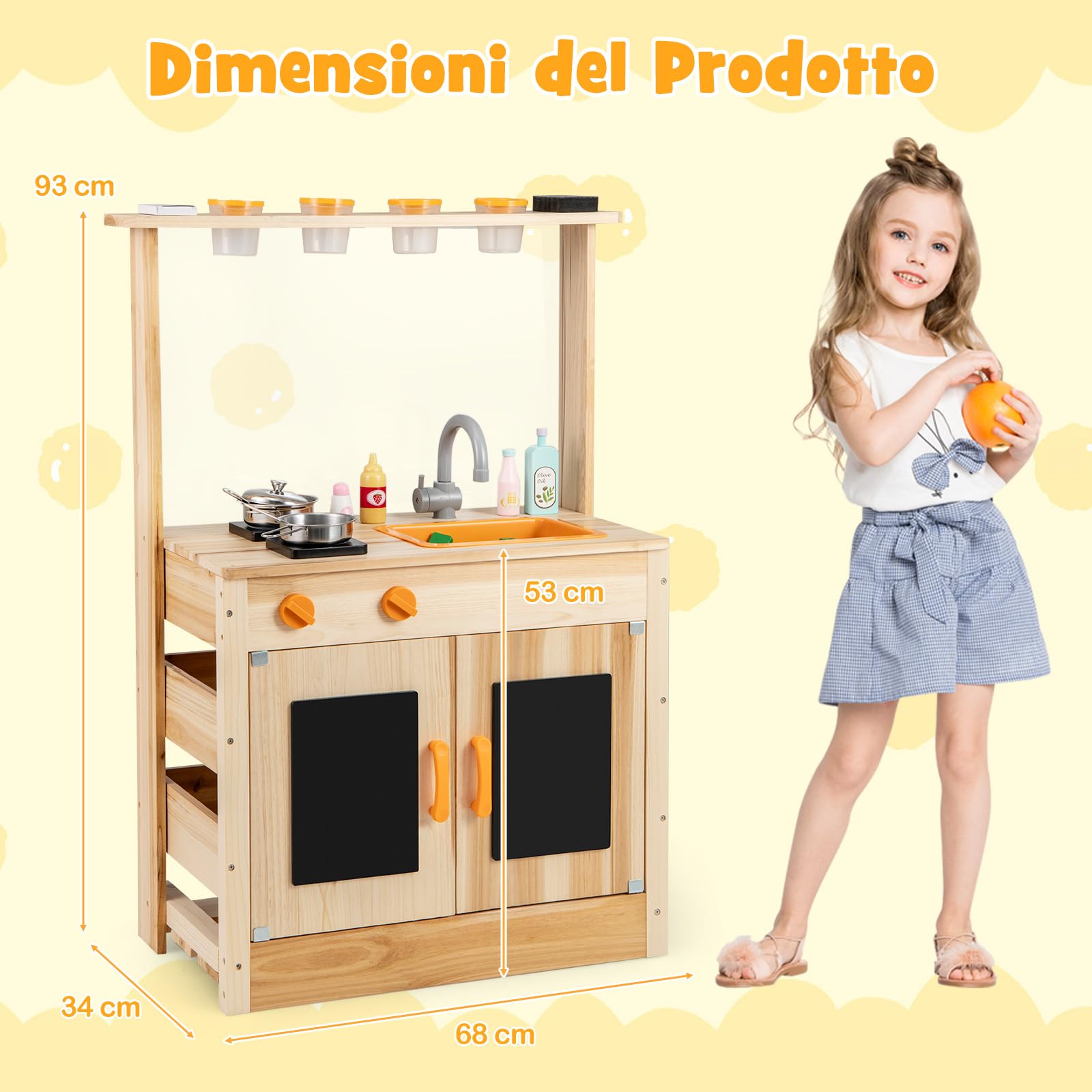 COSTWAY Cucina Giocattolo per Giardino con Lavagna Acrilica per Dipingere, Cucina in Legno di Abete per Bambini con 4 Vasi da Giardinaggio, Set Cucina con Accessori, 68 x 34 x 93 cm