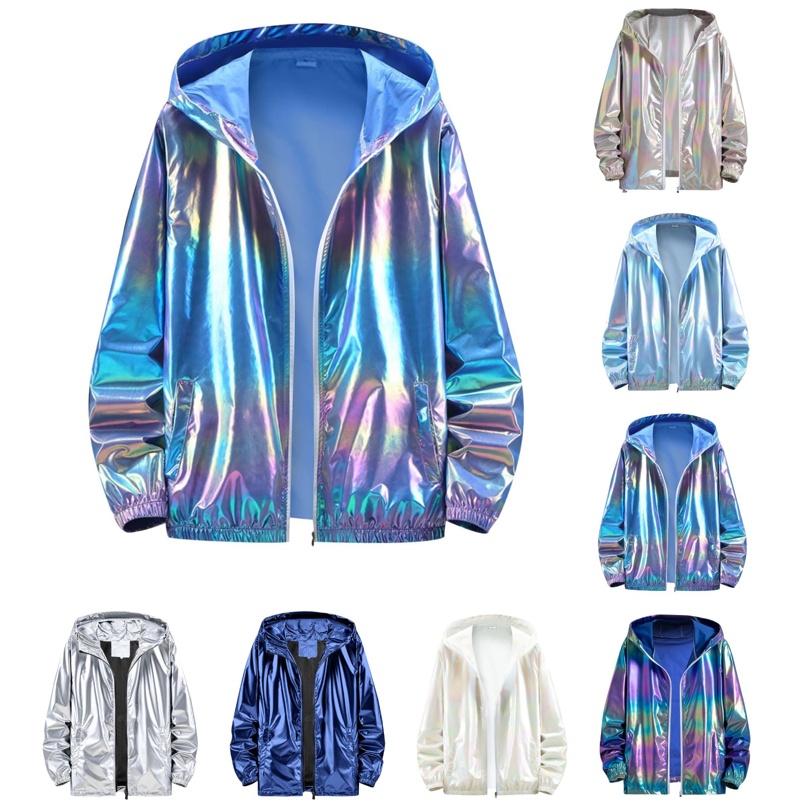 Silver Metallic Glitter Jacket Men Women Carnival Costume 80s 90s Disco Bomber Jacket with Hood Zip Sequins Vintage Sports Jacket Wind Jacket Long Sleeve Coat Winter Jacket Streetwear, Blue #3, S