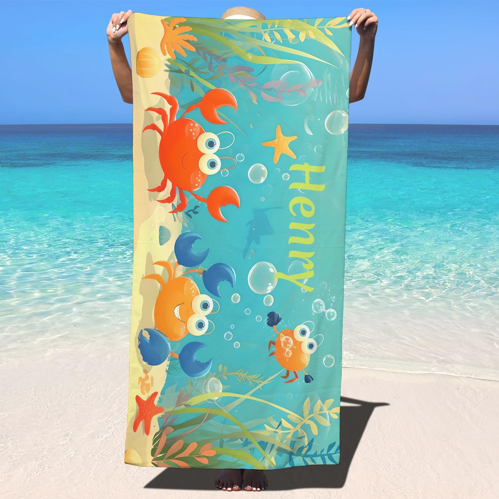 LASPERAL Personalized Beach Towel for Kids, Custom Bath Towels with Names Microfiber Quick-Dry Pool Towel Cute Turtle Sahrk Customized Towel for Boys