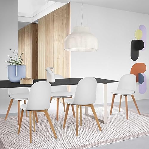 Miniatura 6 de 2xhome Juego de 4 patas de madera para silla sin brazos para comedor, asiento acolchado de cuero sintético moldeado de plástico, cojín blanco