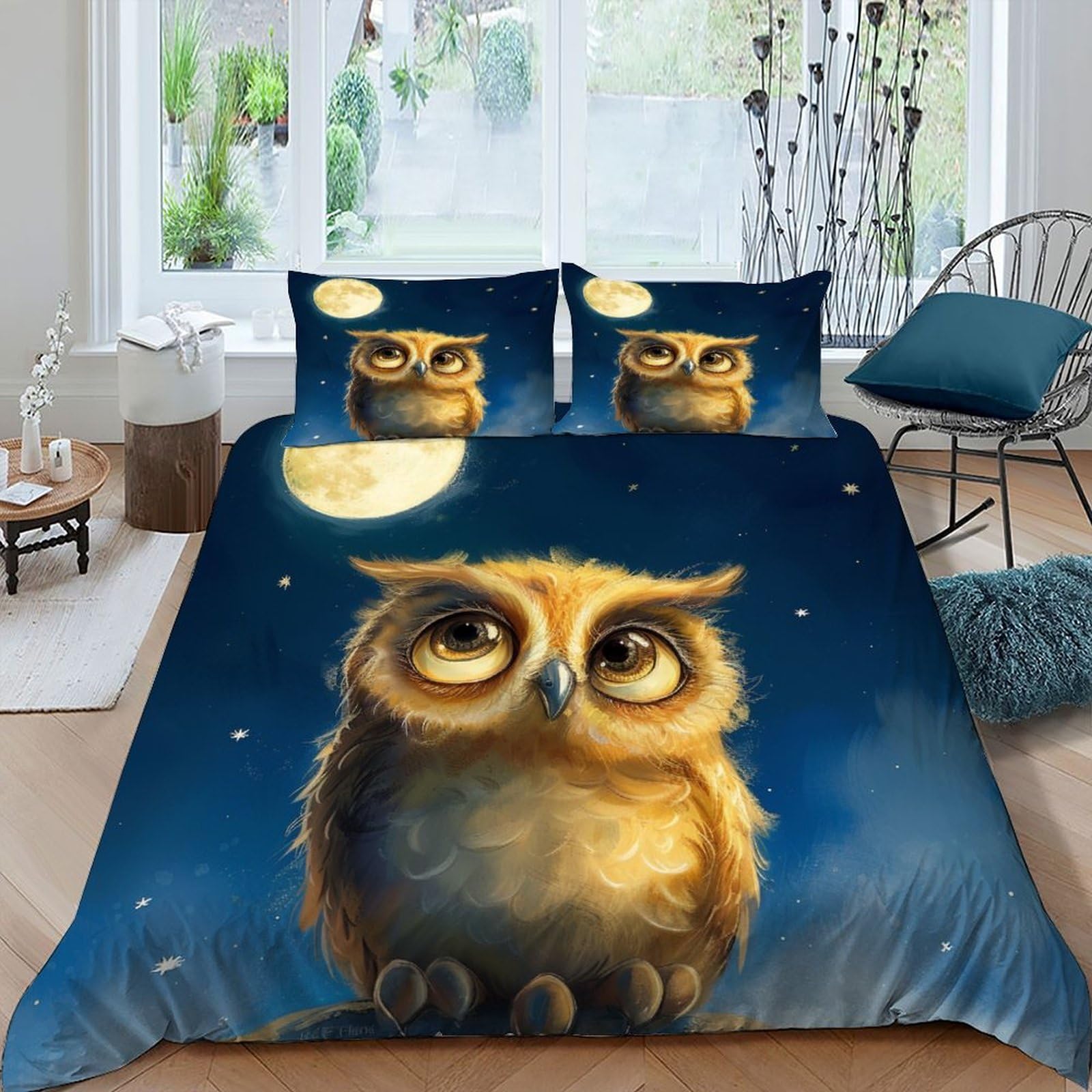 Parure de lit hibou microfibre housse de couette 220x240 king 2 taies oreiller drap animaux lit