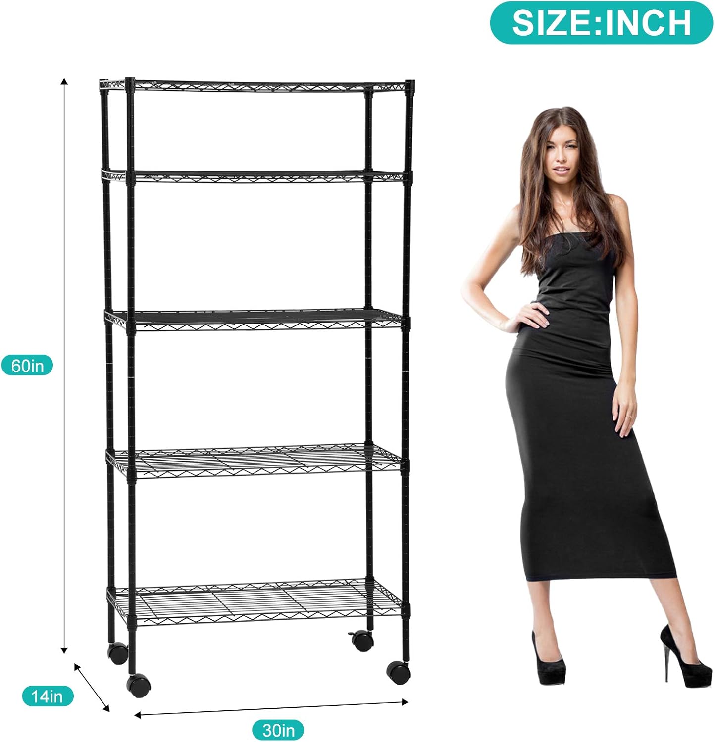 5-Tier Industrial Wire Shelving Unit, Heavy Duty Metal Shelf with Wheels, 30" L x 14" W x 60" H, Adjustable Layer Rack, Garage, Kitchen, Pantry Shelf