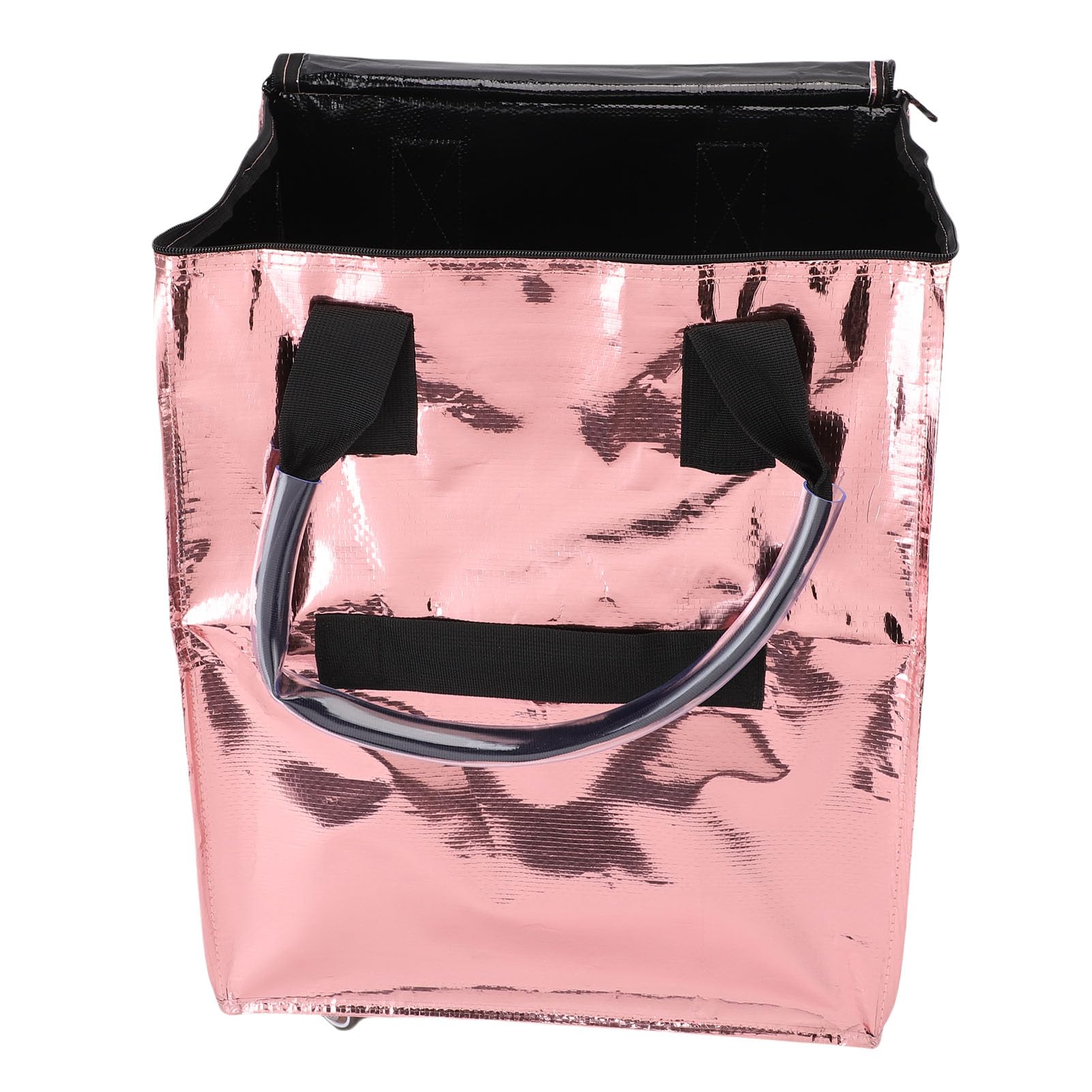 Reusable Grocery Bag On Wheels, 70L Rolling Tote with Zippered Top, Heavy Duty Handles, Woven Fabric, Large Capacity, for Shopping and Travel (Rose Gold)