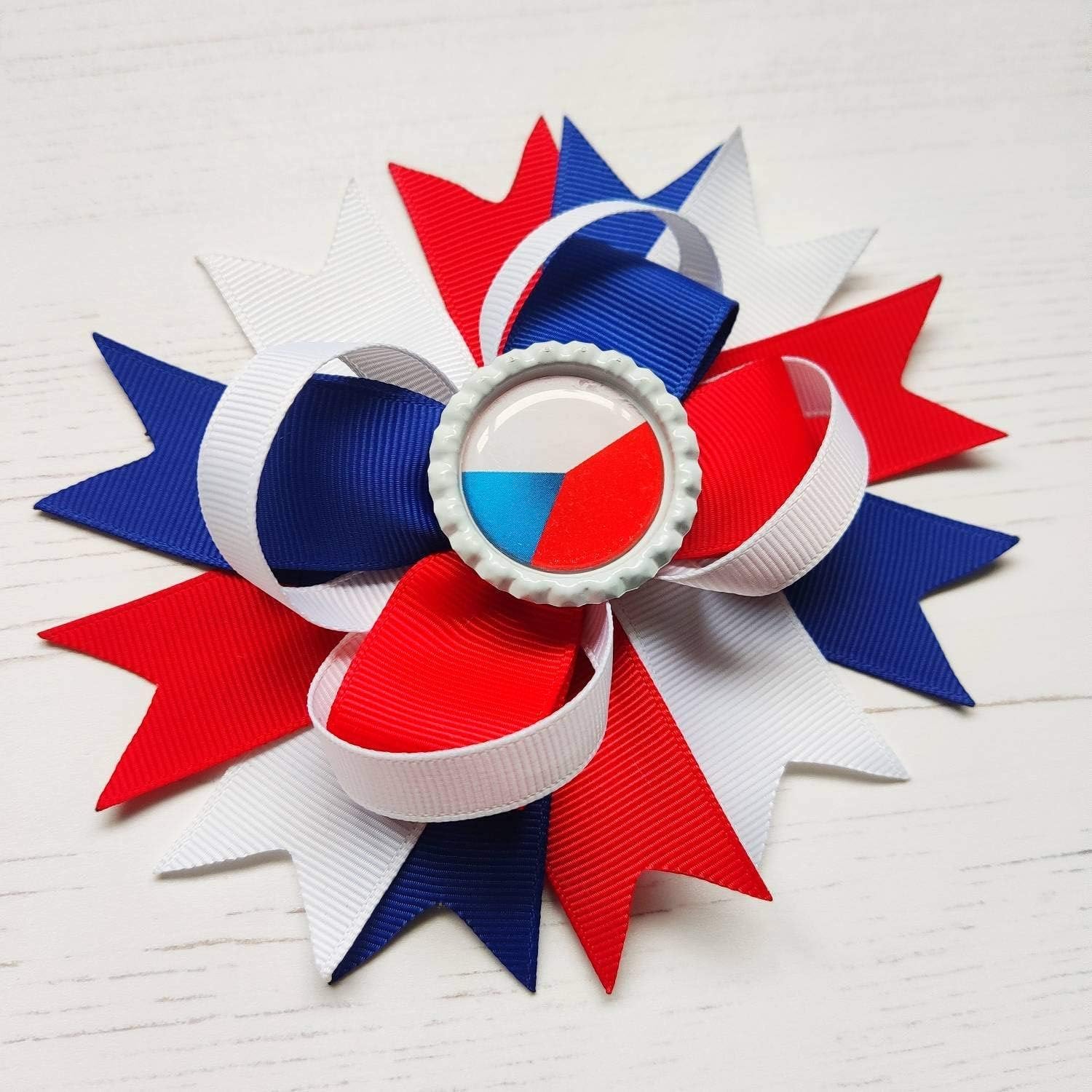 Czech Flag Hair Bow, Large stacked ribbon bow with Czech Flag Centre.