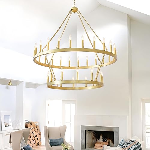 Miniatura 5 de EGM Candelabro de rueda de carro de 2 niveles, 30 luces, 40 pulgadas, extra grande, de níquel, redonda, rústica, para techos altos (2 niveles)