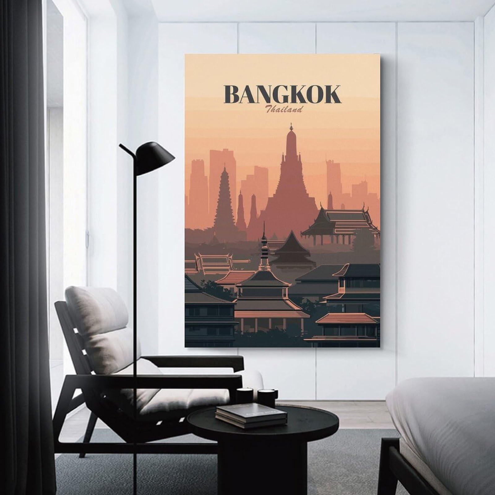 Junmoney Home Decor Wall Art Bangkok Thailand Skyline Illustration, 24x36inch(60x90cm), for Workspace Walls, Study Corners Or Bedrooms, A Smart Decor Choice for Study Walls