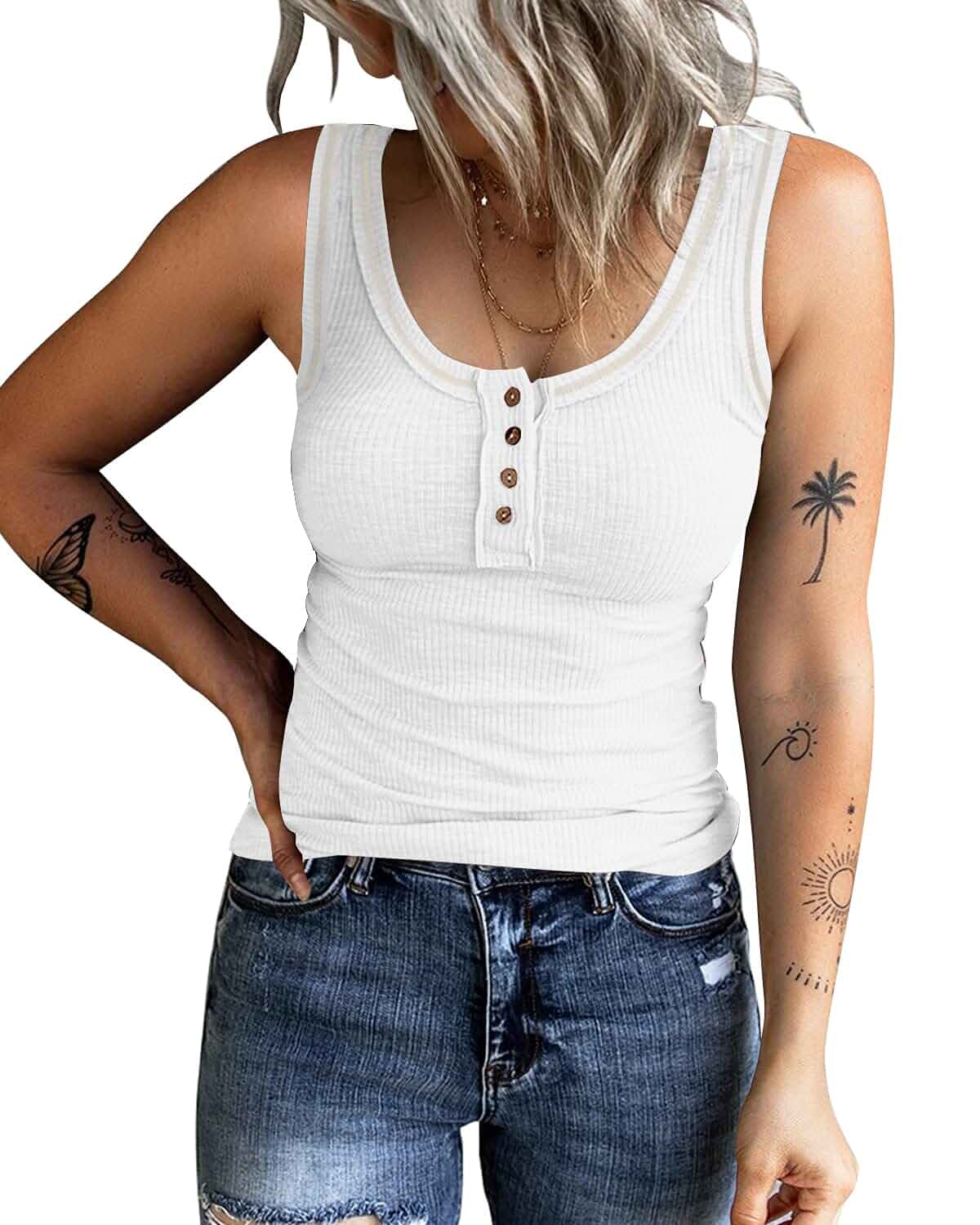 KINLONSAIR Women's Sleeveless Henley Tank Tops Ribbed V Neck Button Down T Shirts Summer Slim Fit Tee Tops Sleeveless